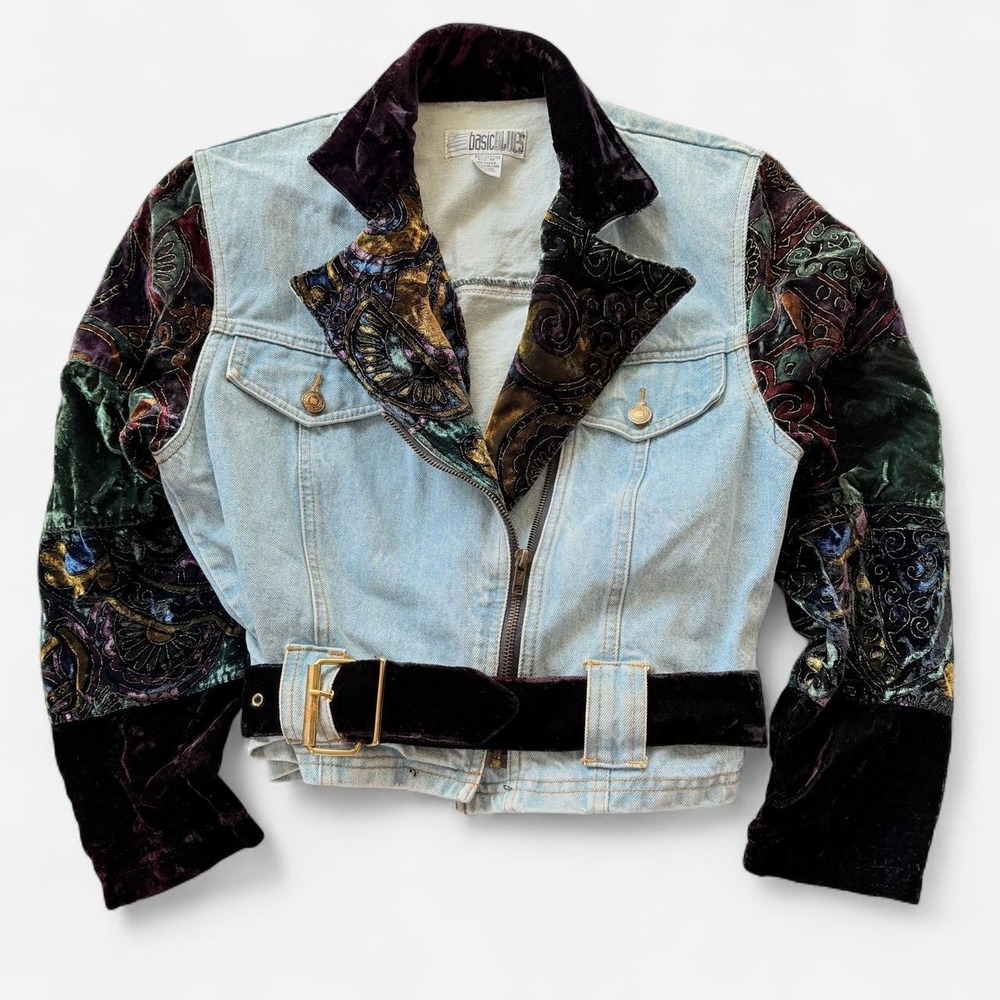 Vintage Basic Blues Women's Small Denim Velvet Patchwork Moto Jacket